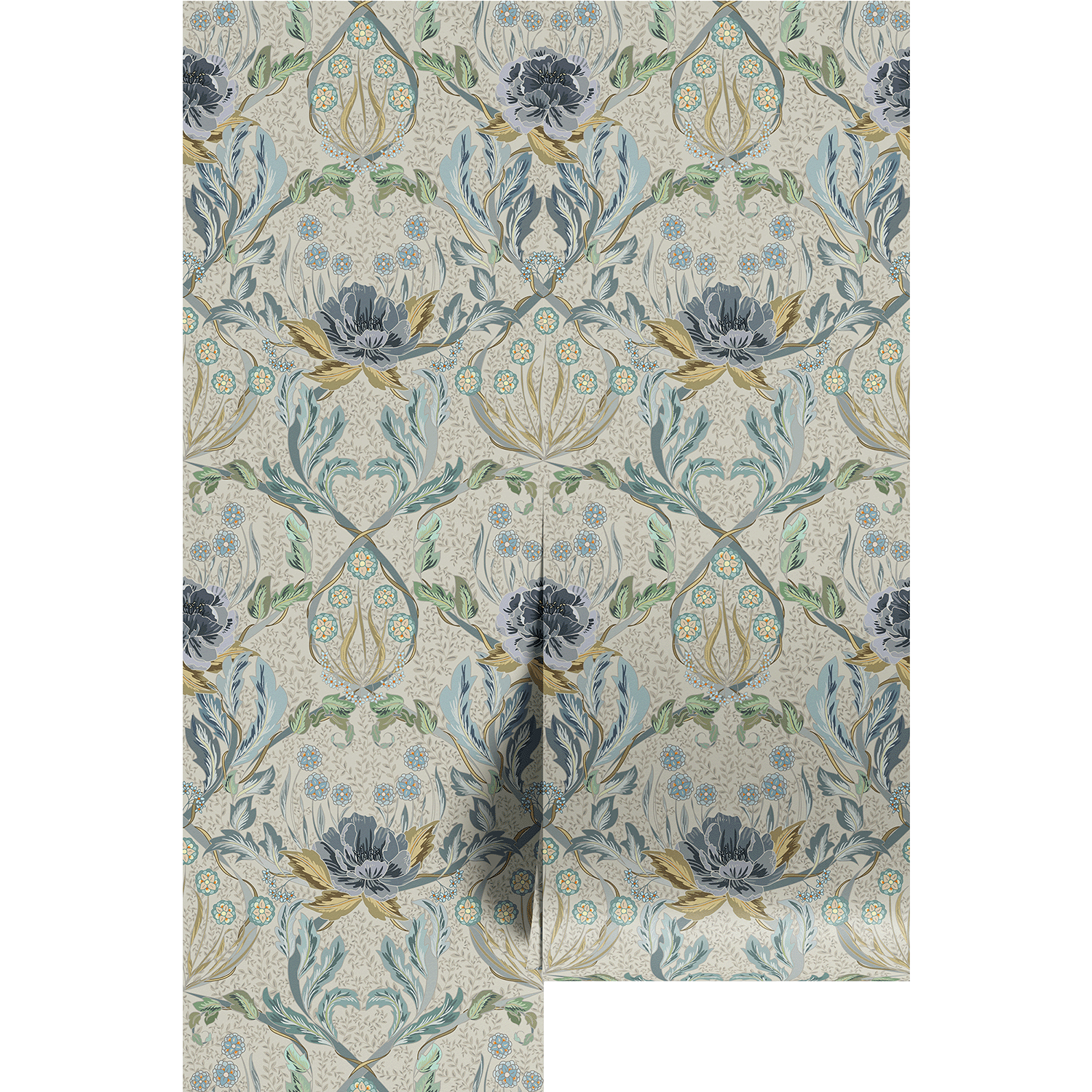 Light blue, ornate, floral wallpaper pattern with blue and green flowers on wallpaper panels.