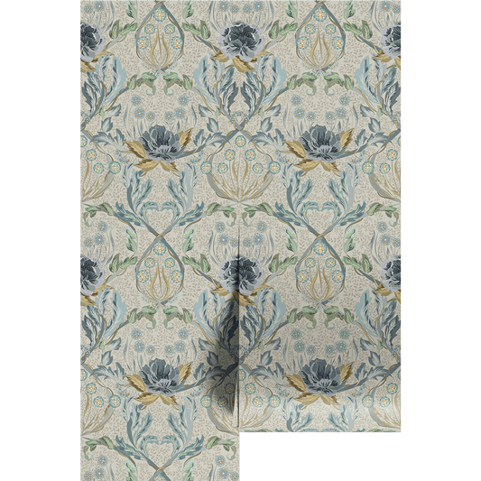 Light blue, ornate, floral wallpaper pattern with blue and green flowers on wallpaper panels.