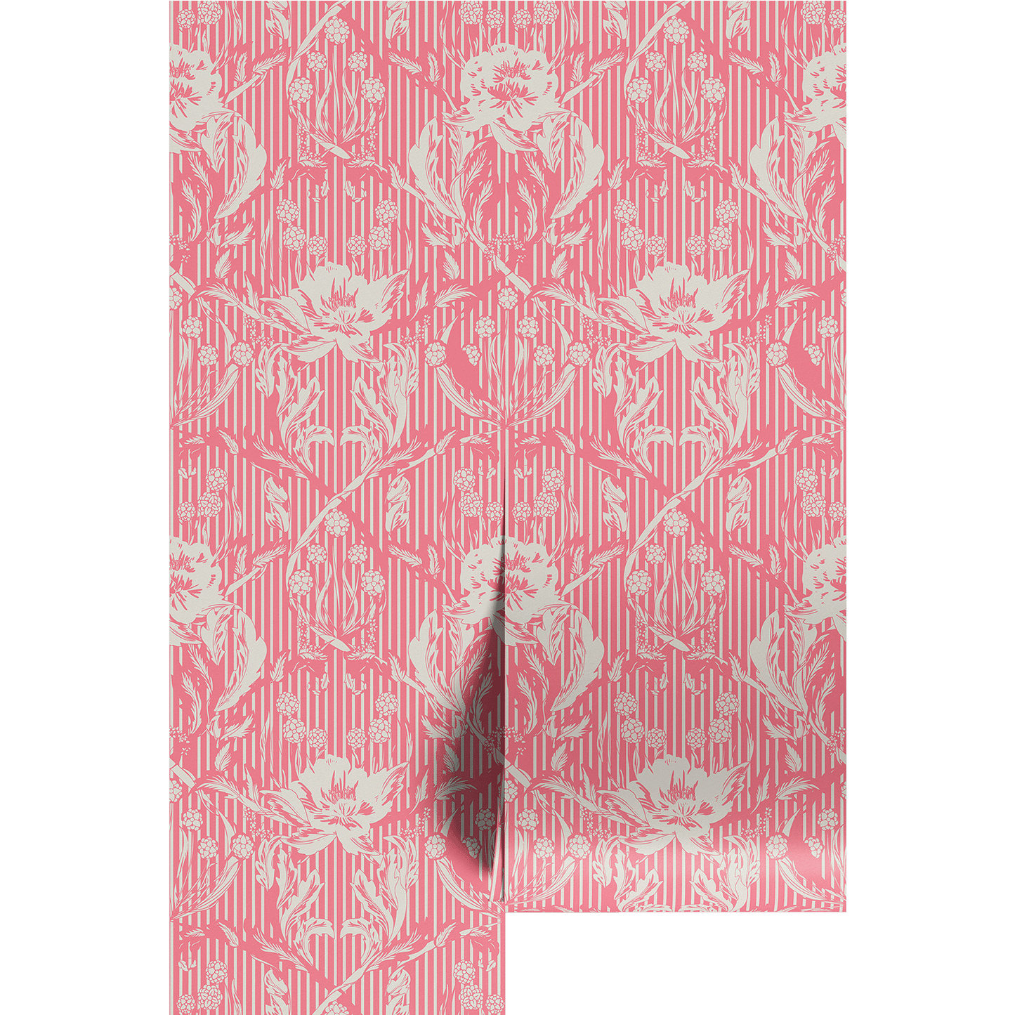 Pink and white floral pattern on a white background.