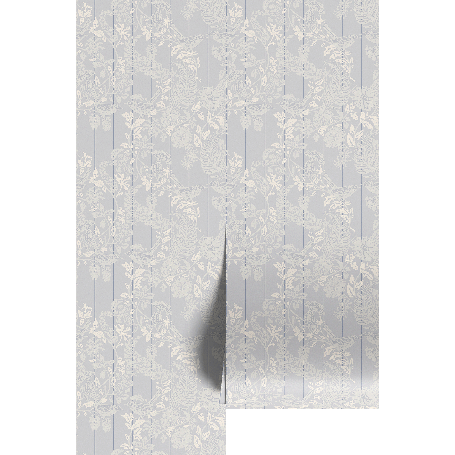 White floral wallpaper with a subtle pattern on a light gray background