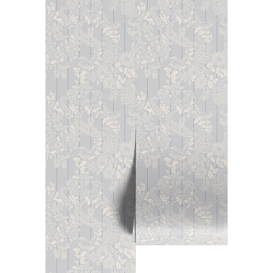 White floral wallpaper with a subtle pattern on a light gray background