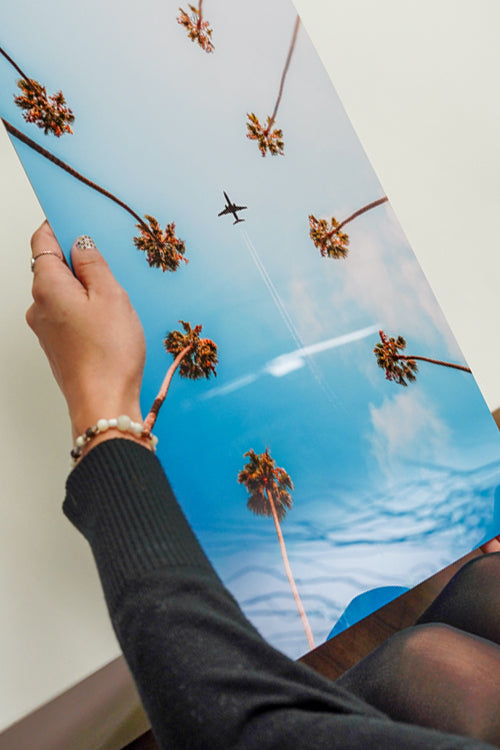 Hand holding palm tree metal print loading=