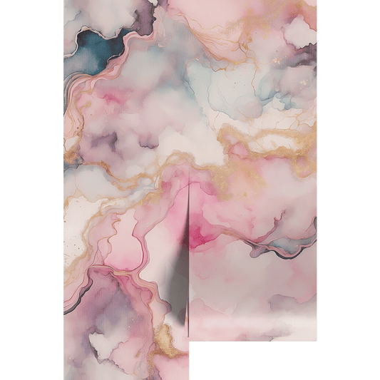 Abstract pastel ink wall mural on wallpaper panels.
