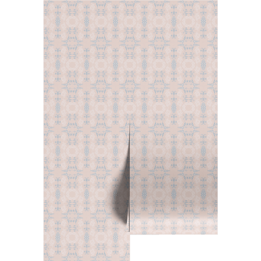 Patterned paper with a pink, white, and blue geometric design on wallpaper panels