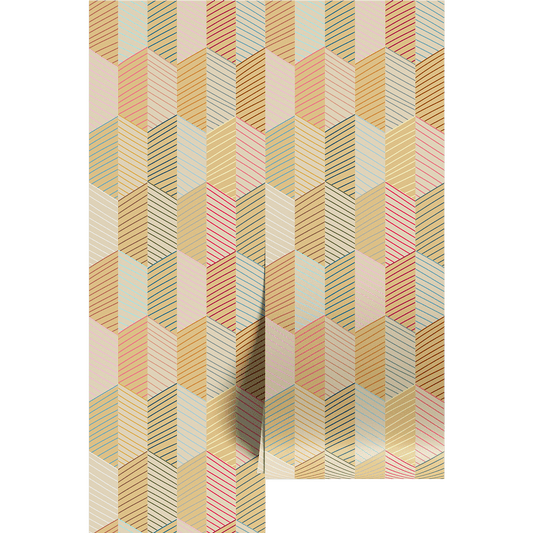 Multicolored geometric patterned wallpaper on wallpaper panels.