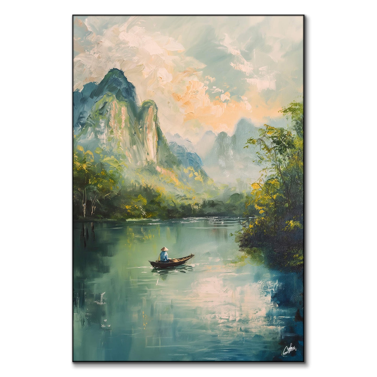 A tranquil Asian river landscape painting with calm waters reflecting greenery and mountains in the background.