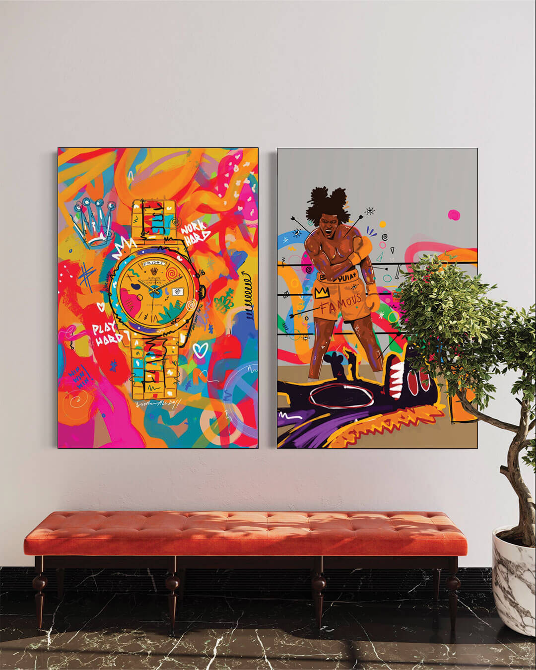Two colorful graffiti style drawings hang side by side above red bench in man's apartment.