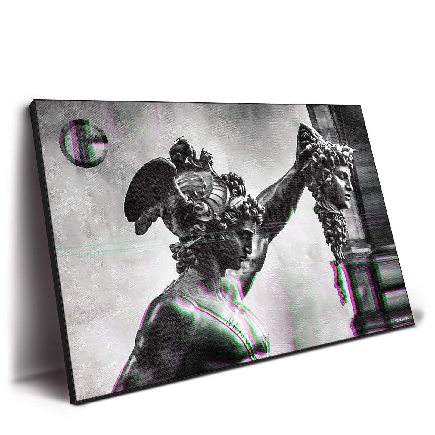 Digital glitch effect on the statue of Perseus holding Medusa's head, with modern distortions blending into the classical figure.
