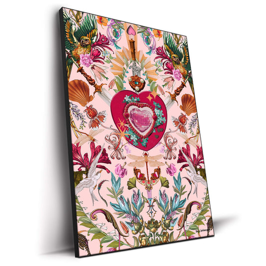 Intricate surreal artwork featuring a jeweled heart, swords, exotic birds, floral elements, and fantasy-inspired details on a soft pink background.