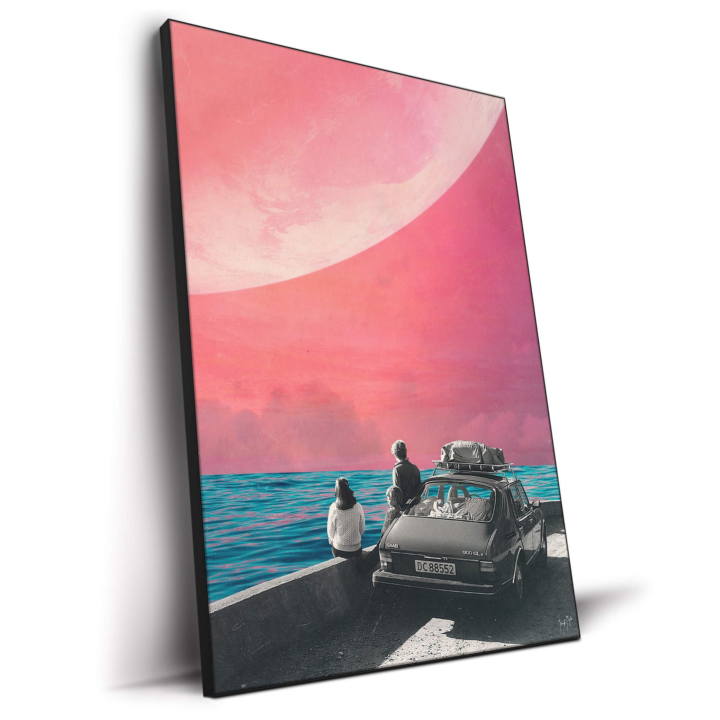 pink moon over ocean family car portrait surreal