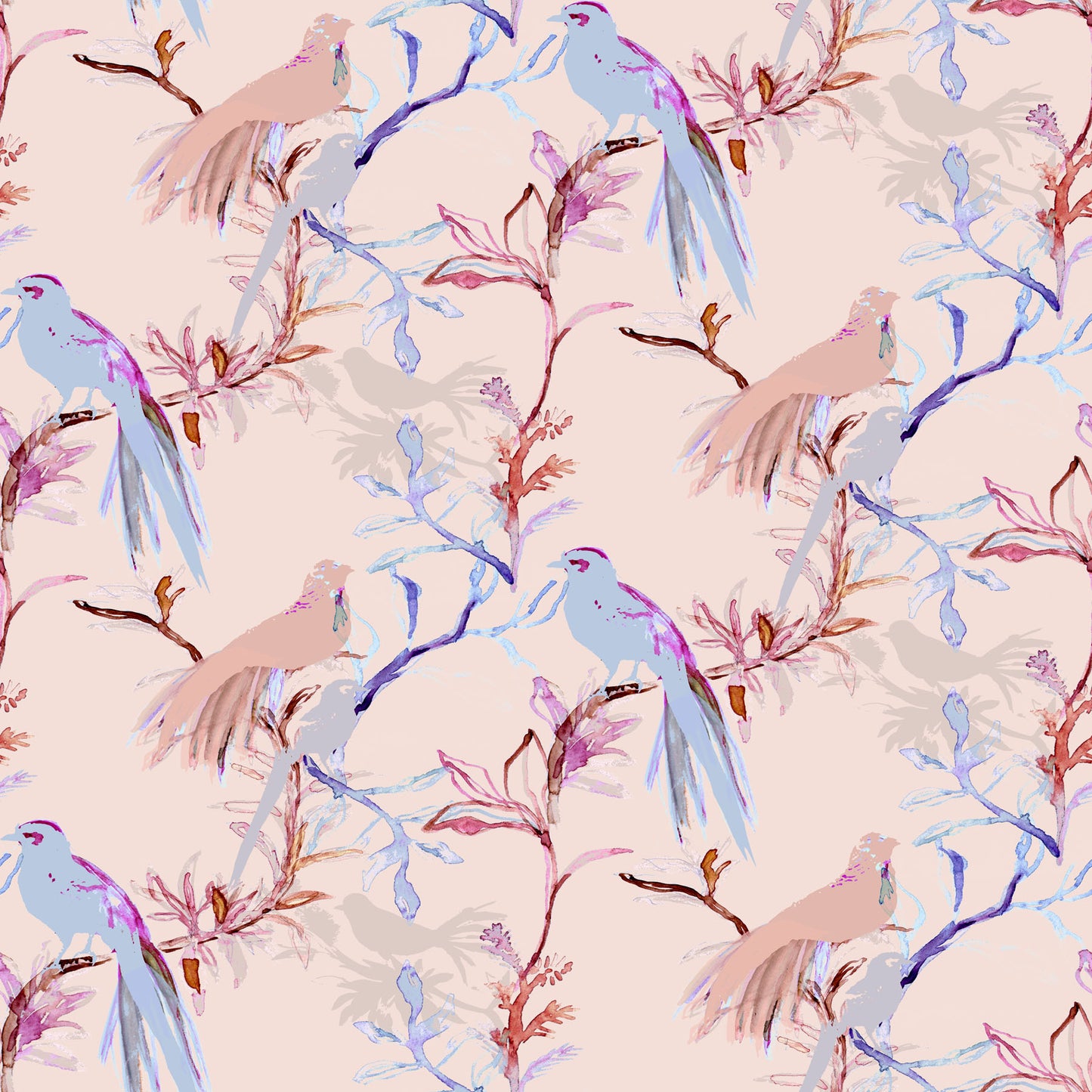 Pattern of blue birds and floral branches on a light pink background.