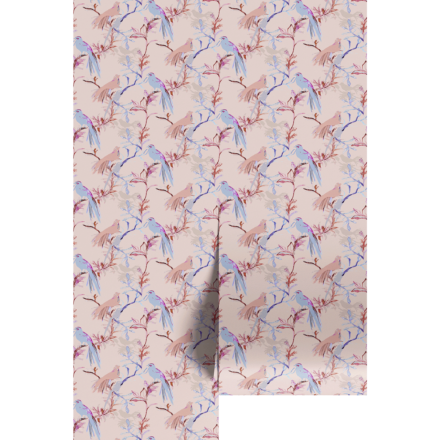 Floral patterned wallpaper with blue and pink flowers on a beige background