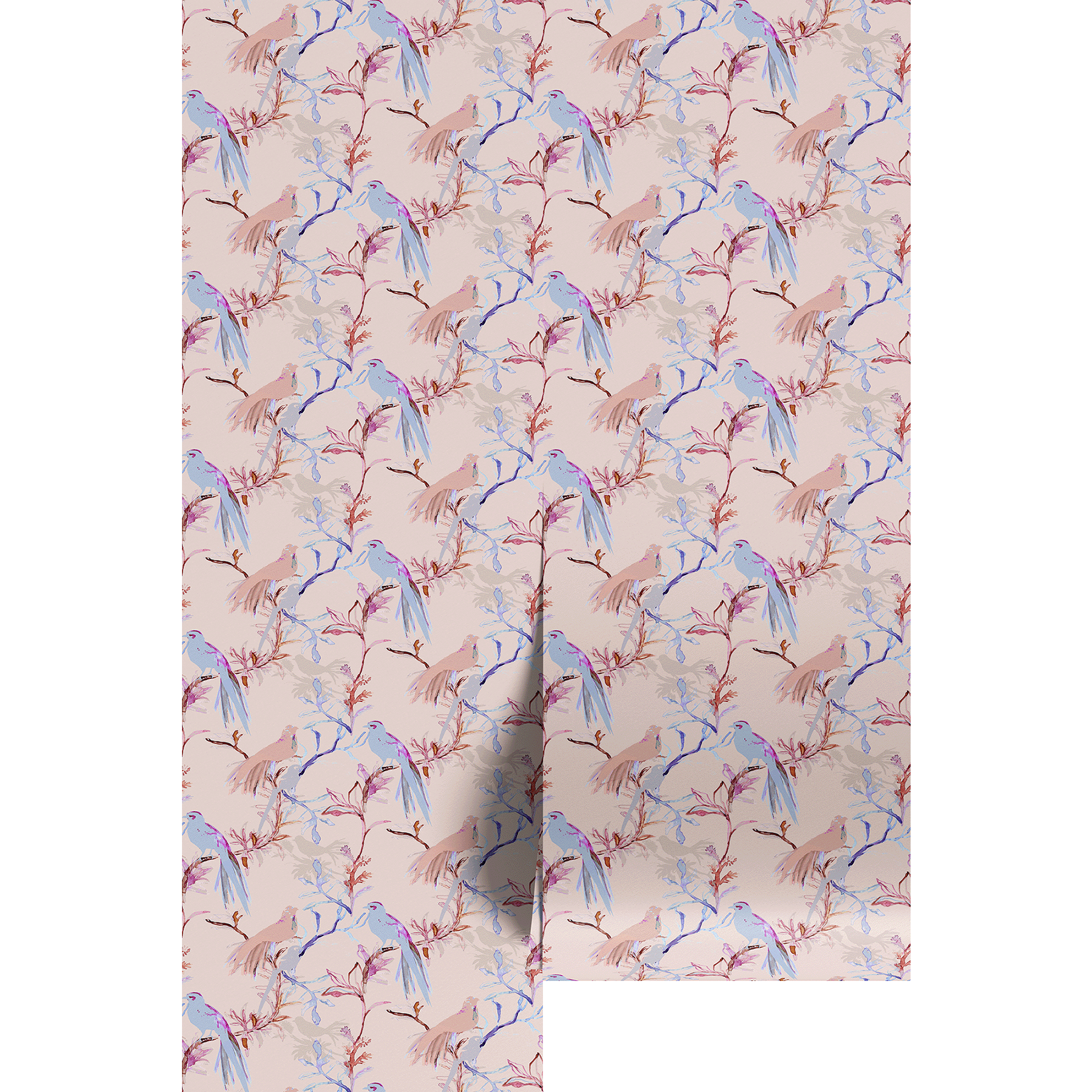 Floral patterned wallpaper with blue and pink flowers on a beige background