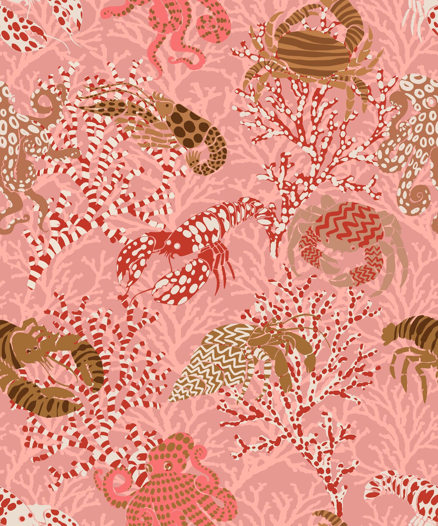 Detailed seaside-themed pattern with crabs, lobsters, and sea creatures on a pink background.