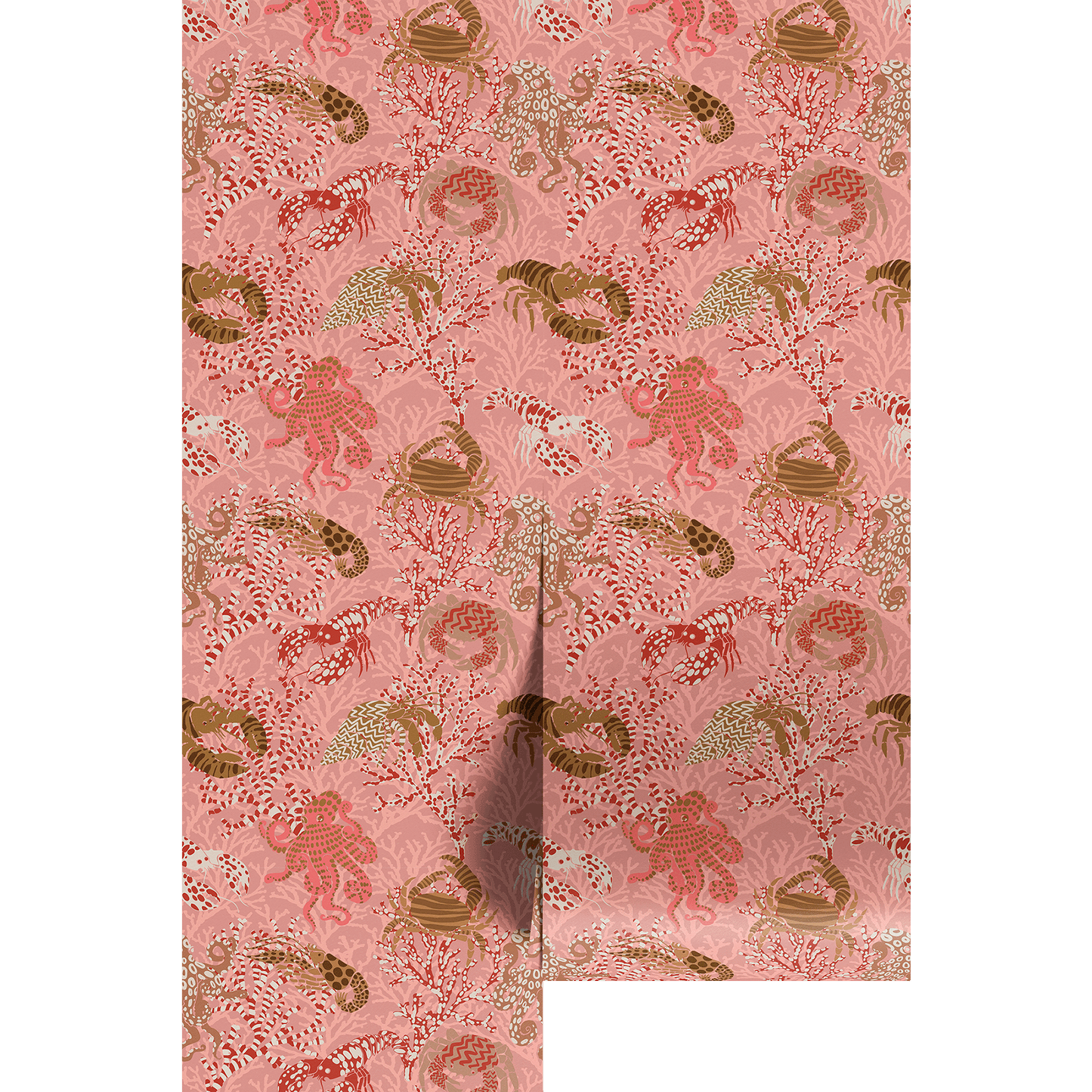 Decorative paper with a pink and gold ocean animal pattern on a white background