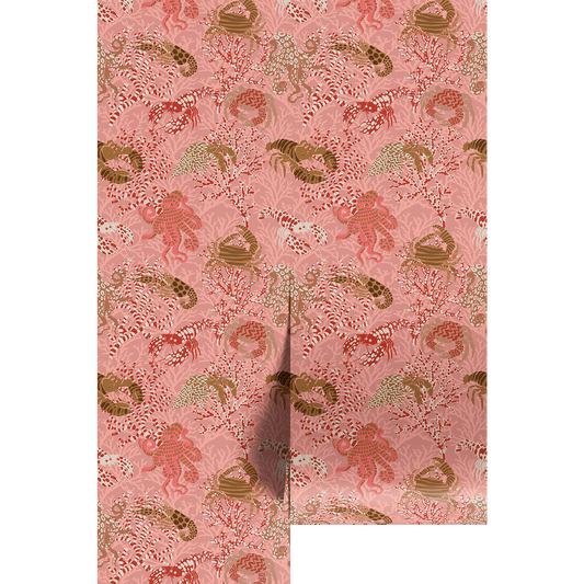 Decorative paper with a pink and gold ocean animal pattern on a white background