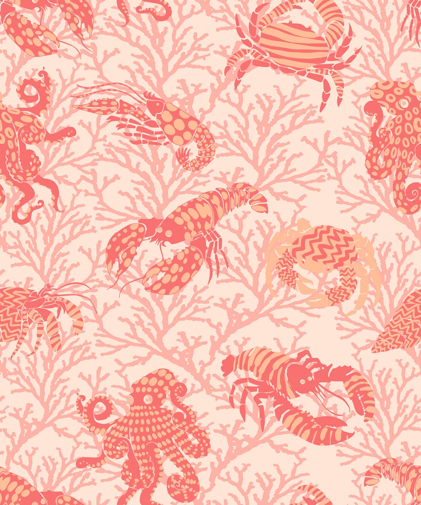 Patterned with red and coral sea creatures on a light pink background.