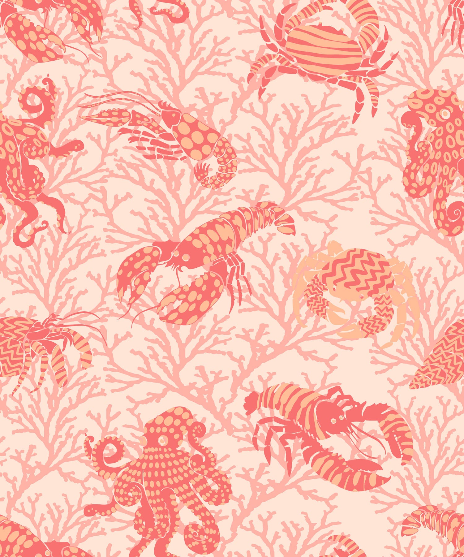 Patterned with red and coral sea creatures on a light pink background.