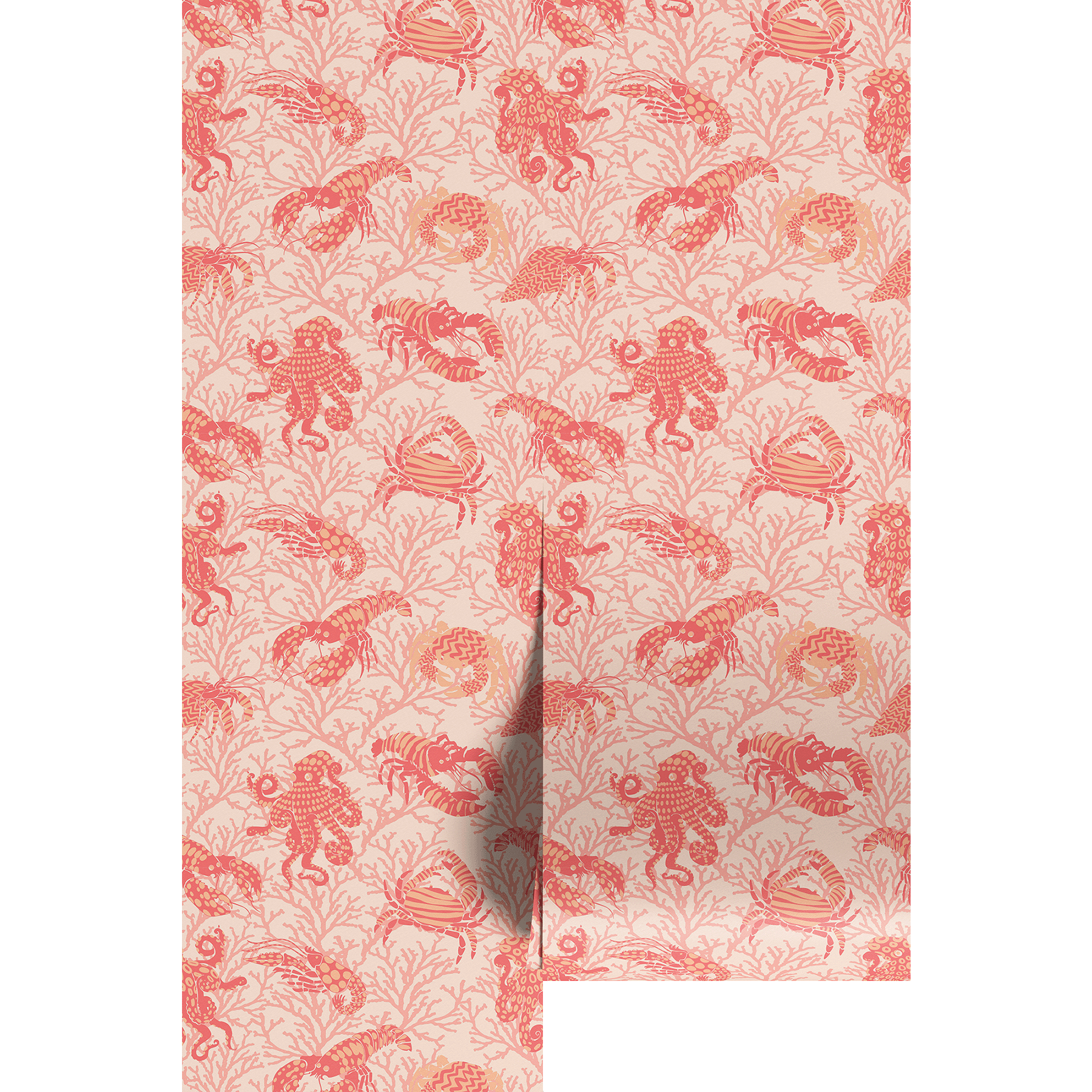 Patterned paper with red and pink ocean animal designs on wallpaper panels.