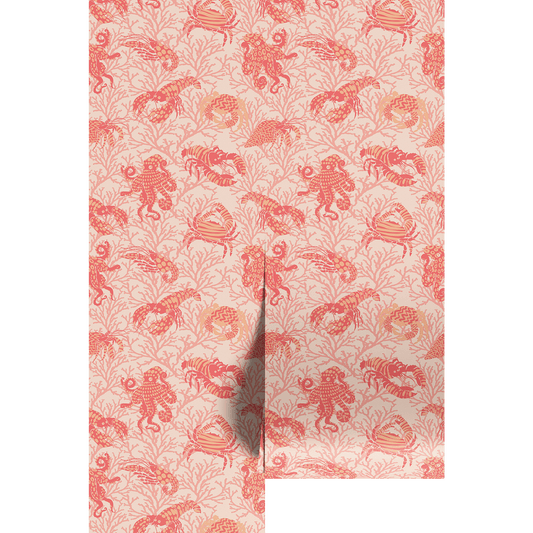 Patterned paper with red and pink ocean animal designs on wallpaper panels.