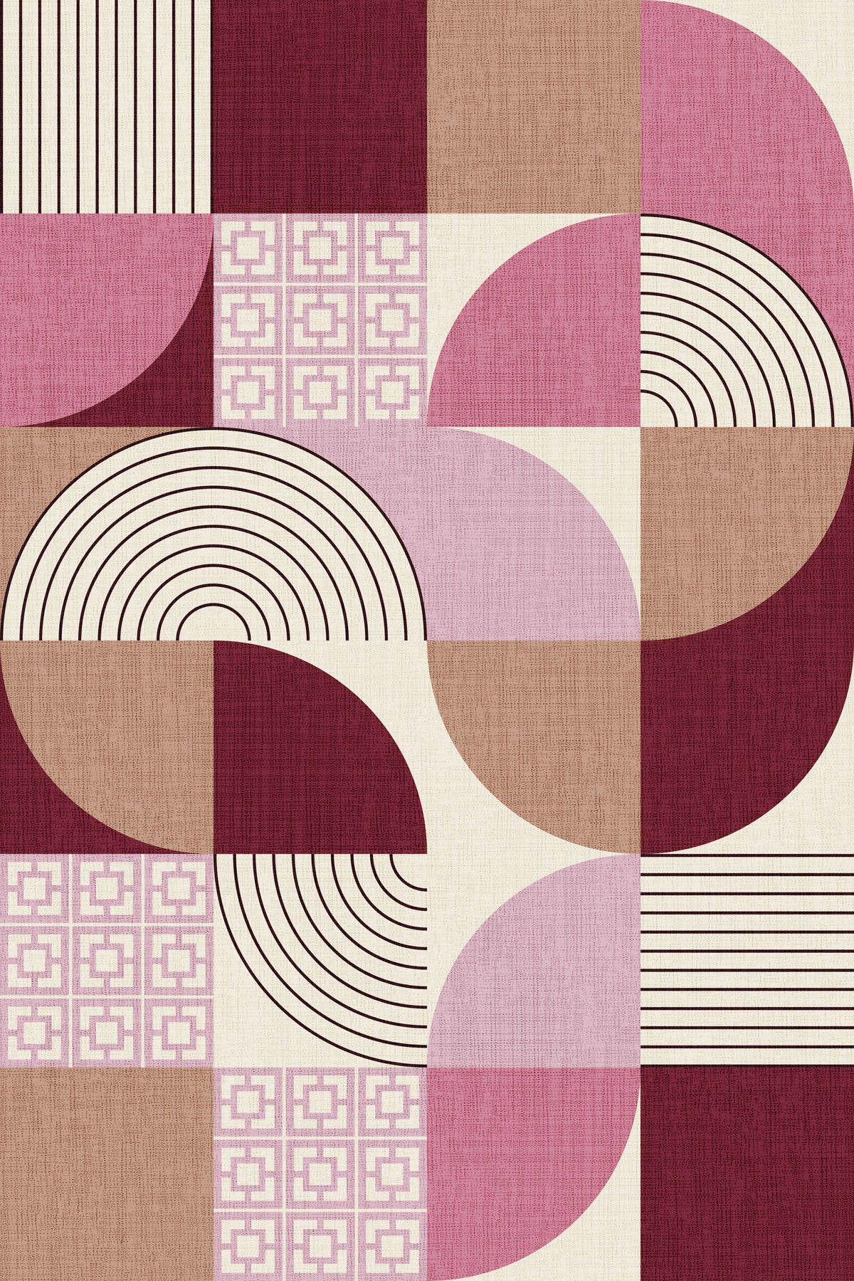 Geometric pattern with pink, brown, and beige shapes on a beige background.