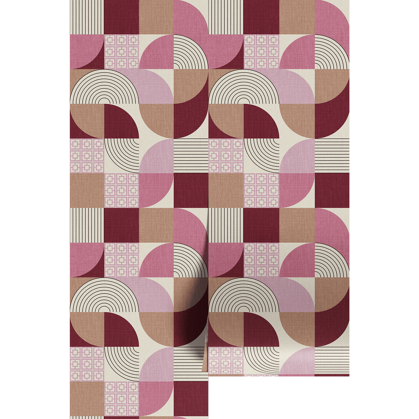 midcentury pink beige and maroon geometric patterned wallpaper swatch