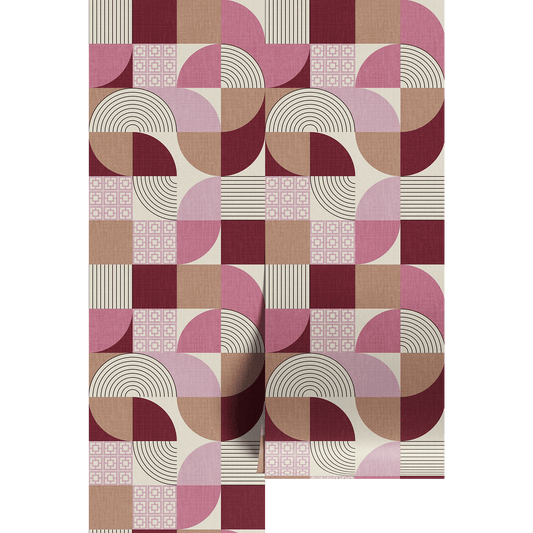 midcentury pink beige and maroon geometric patterned wallpaper swatch