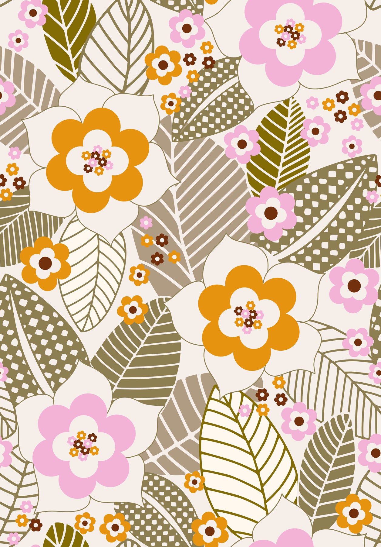 Floral and leaf pattern with orange and pink flowers on a beige background
