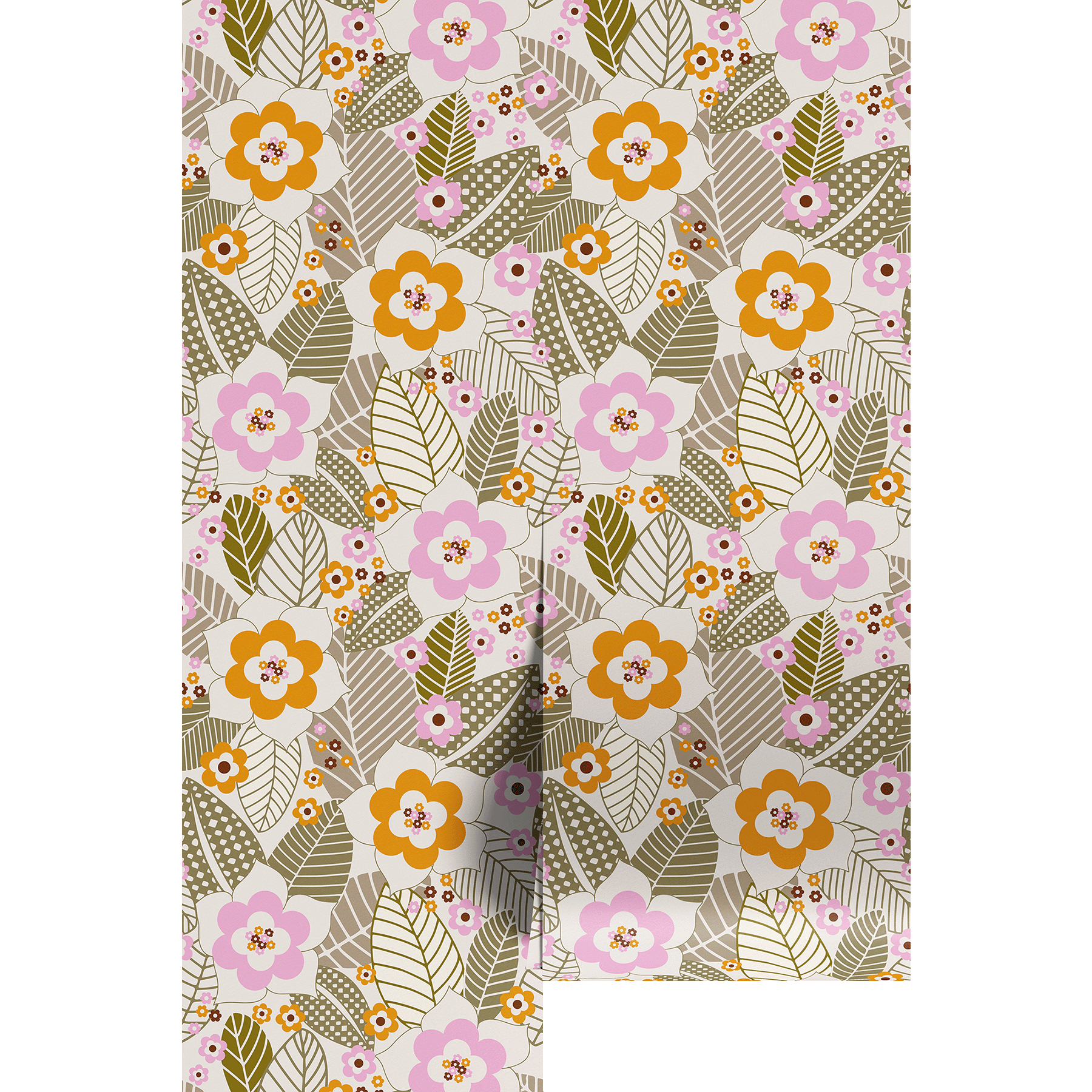 Floral patterned wallpaper with pink, orange, and green flowers on a beige background