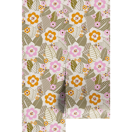 Floral patterned wallpaper with pink, orange, and green flowers on a beige background