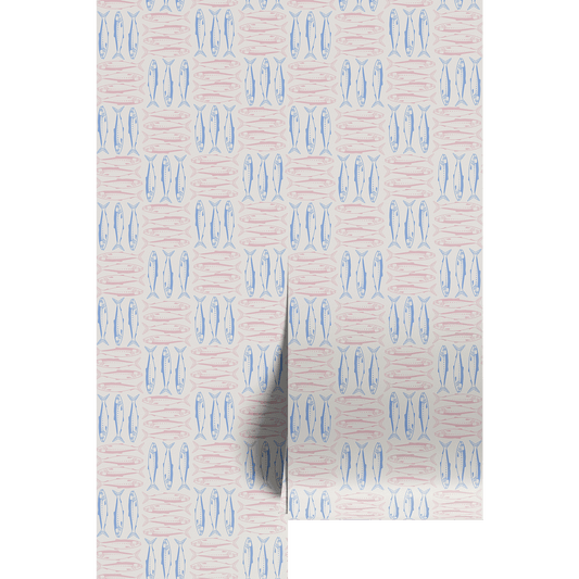 Blue and pink coastal sardine wallpaper pattern on wallpaper panels.