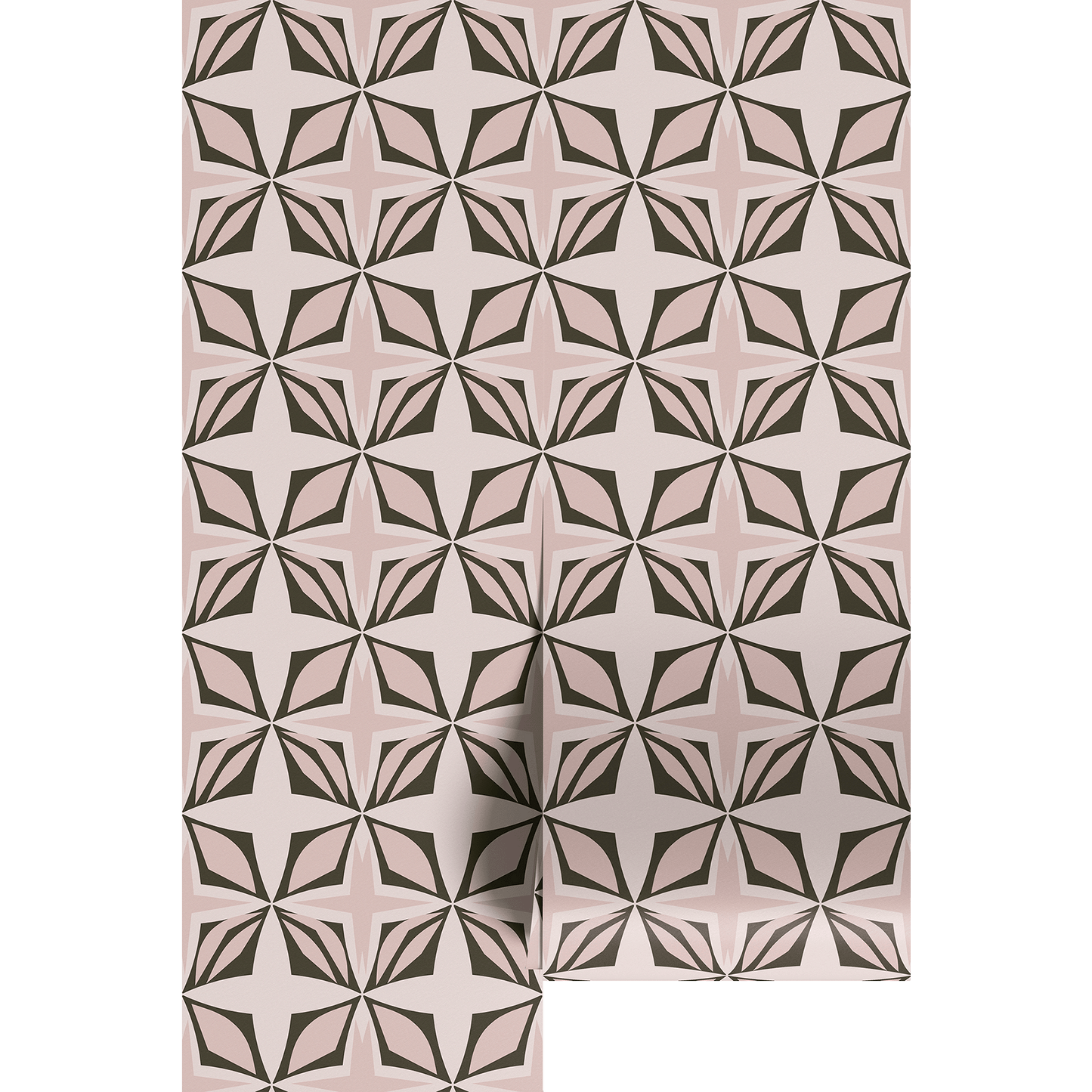 Midcentury modern geometric diamond design in pink and muted green on wallpaper panels.
