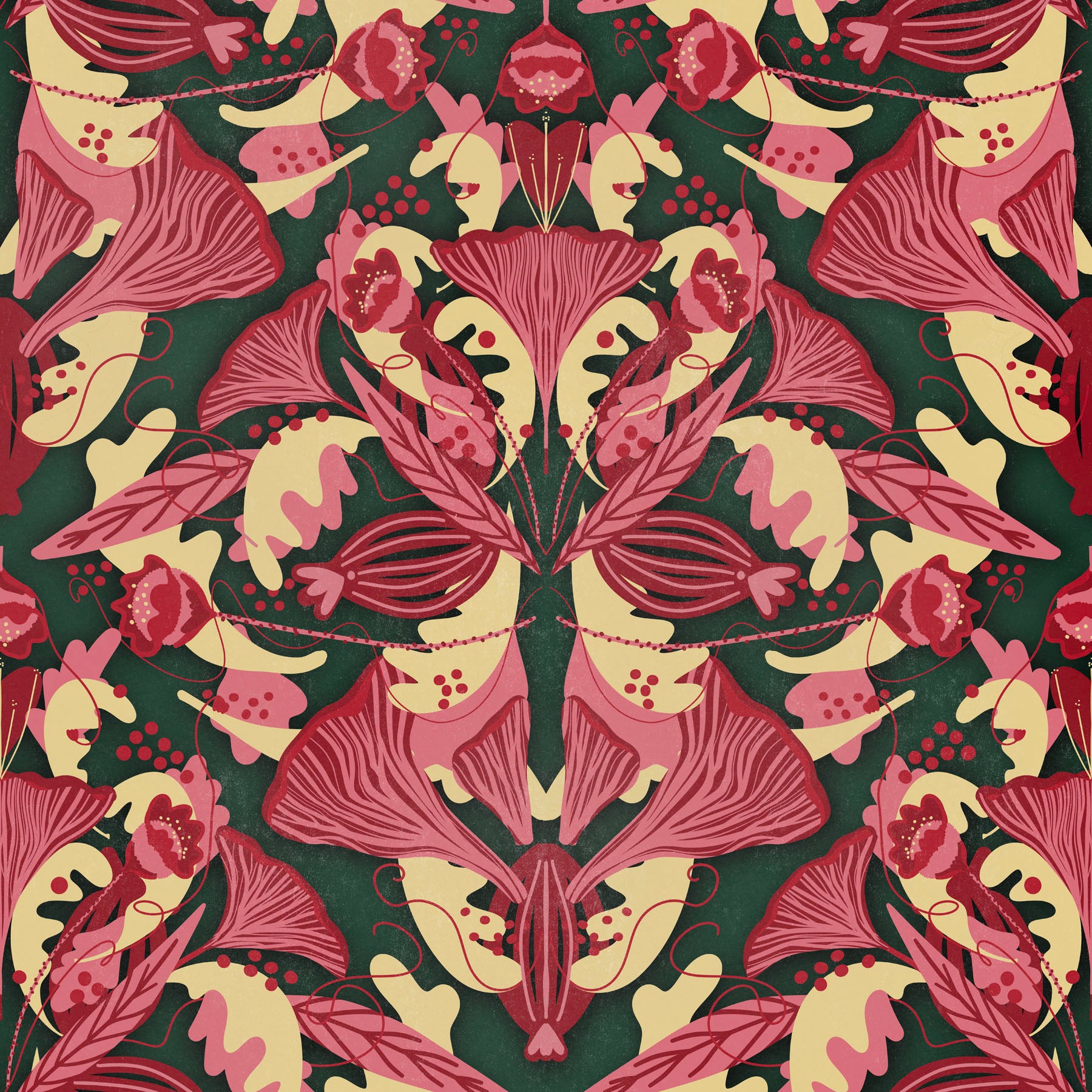 Moiré pattern with pink and yellow floral design on a green background