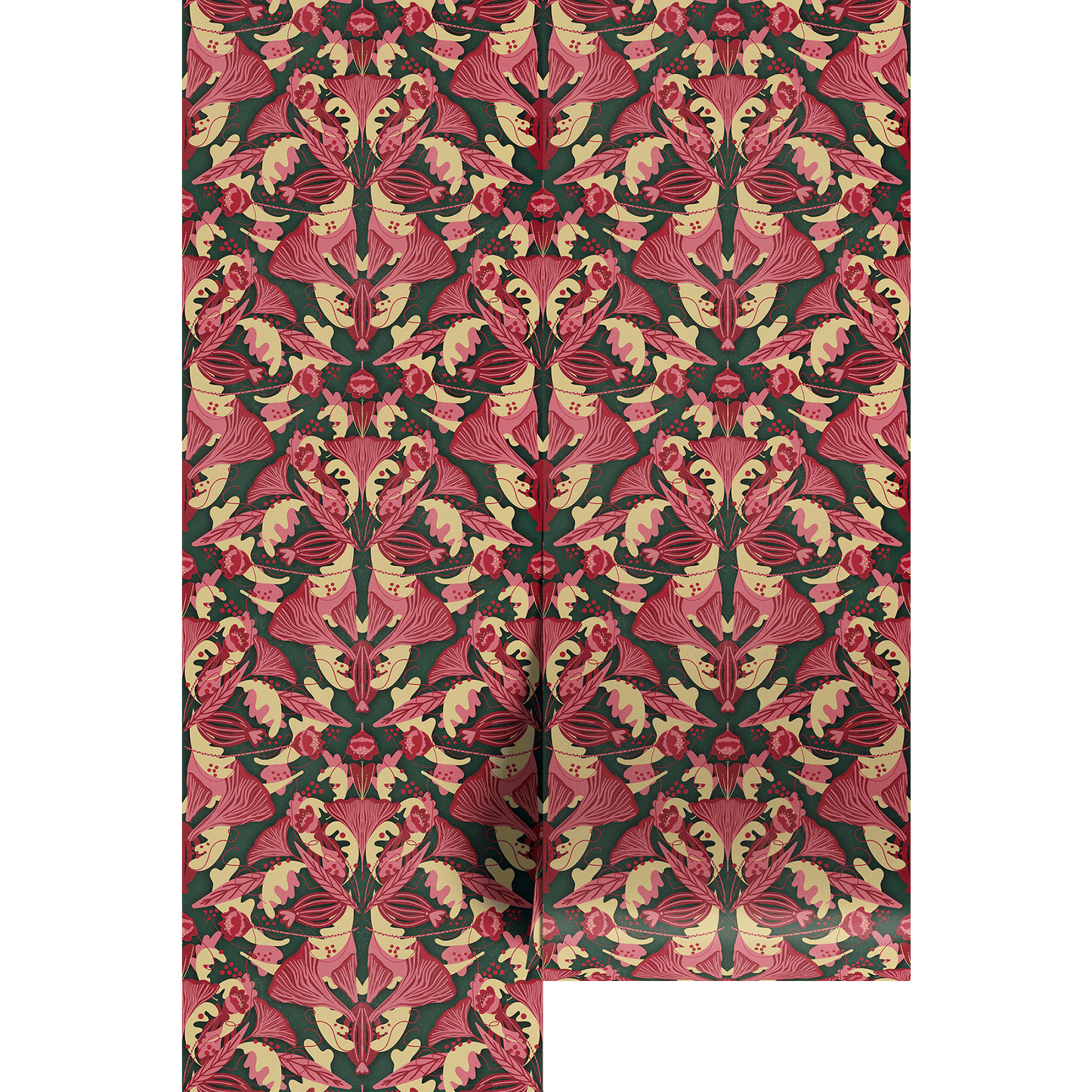 Patterned wallpaper with red and green design on a white background