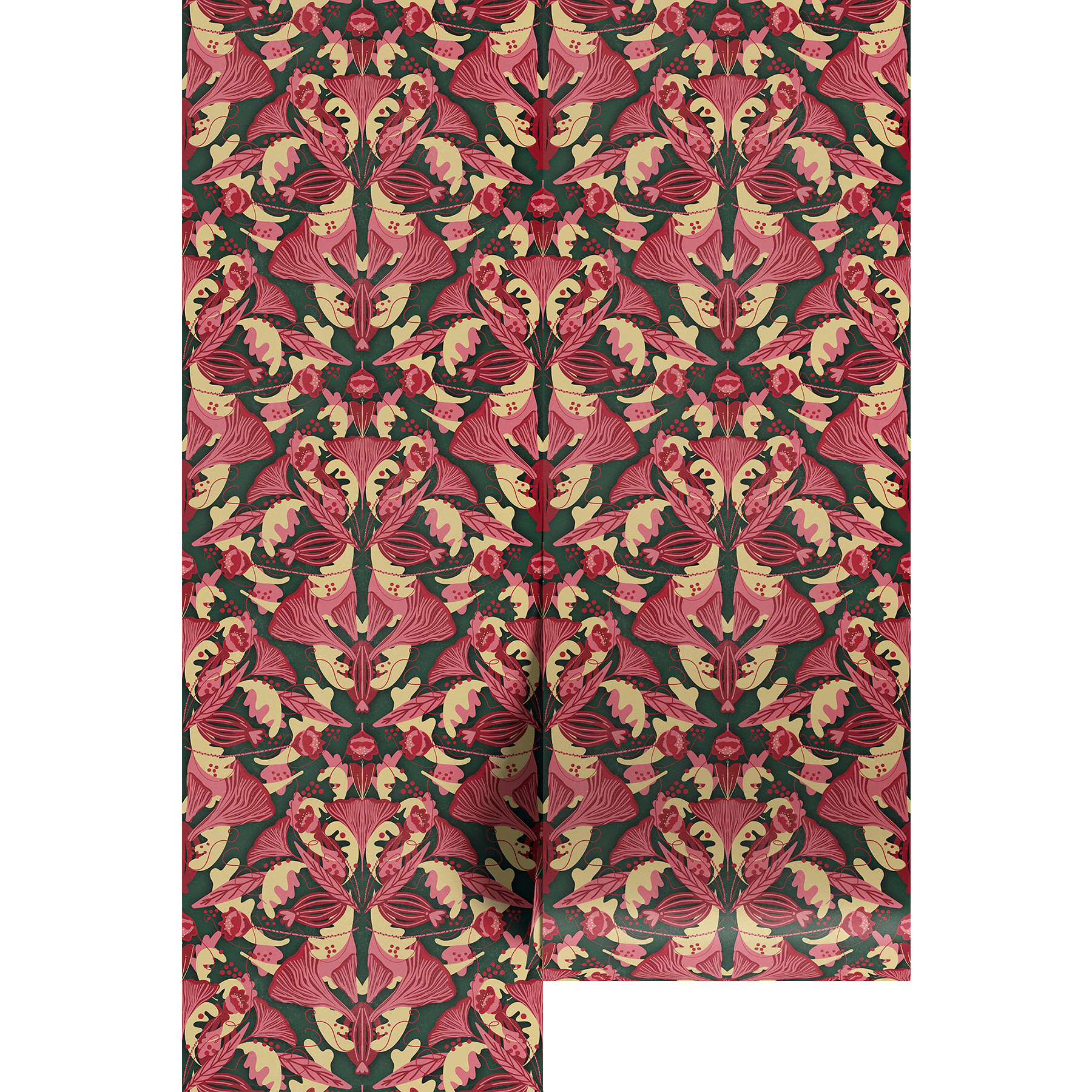 Patterned wallpaper with red and green design on a white background