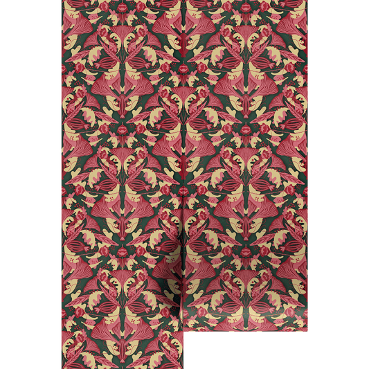 Patterned wallpaper with red and green design on a white background