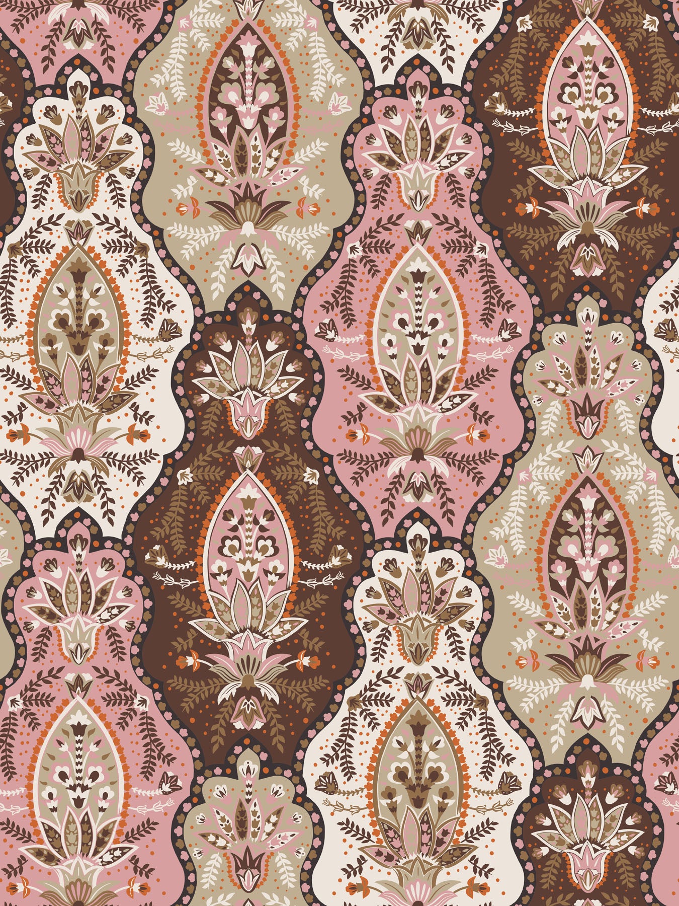 Pattern with intricate design in pink, brown, and beige tones.