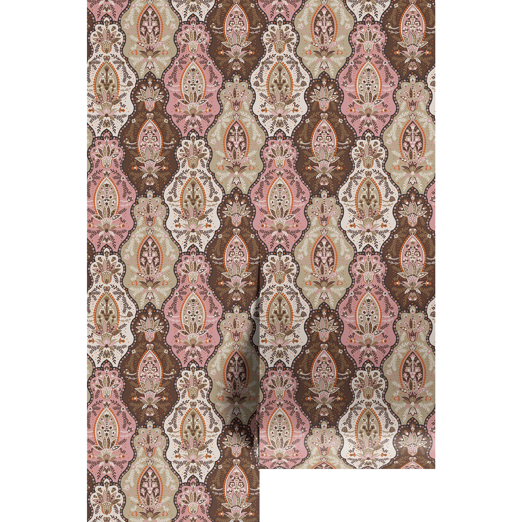 Patterned damask wallpaper with intricate design on a white background