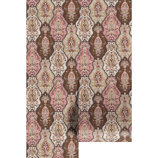 Patterned damask wallpaper with intricate design on a white background