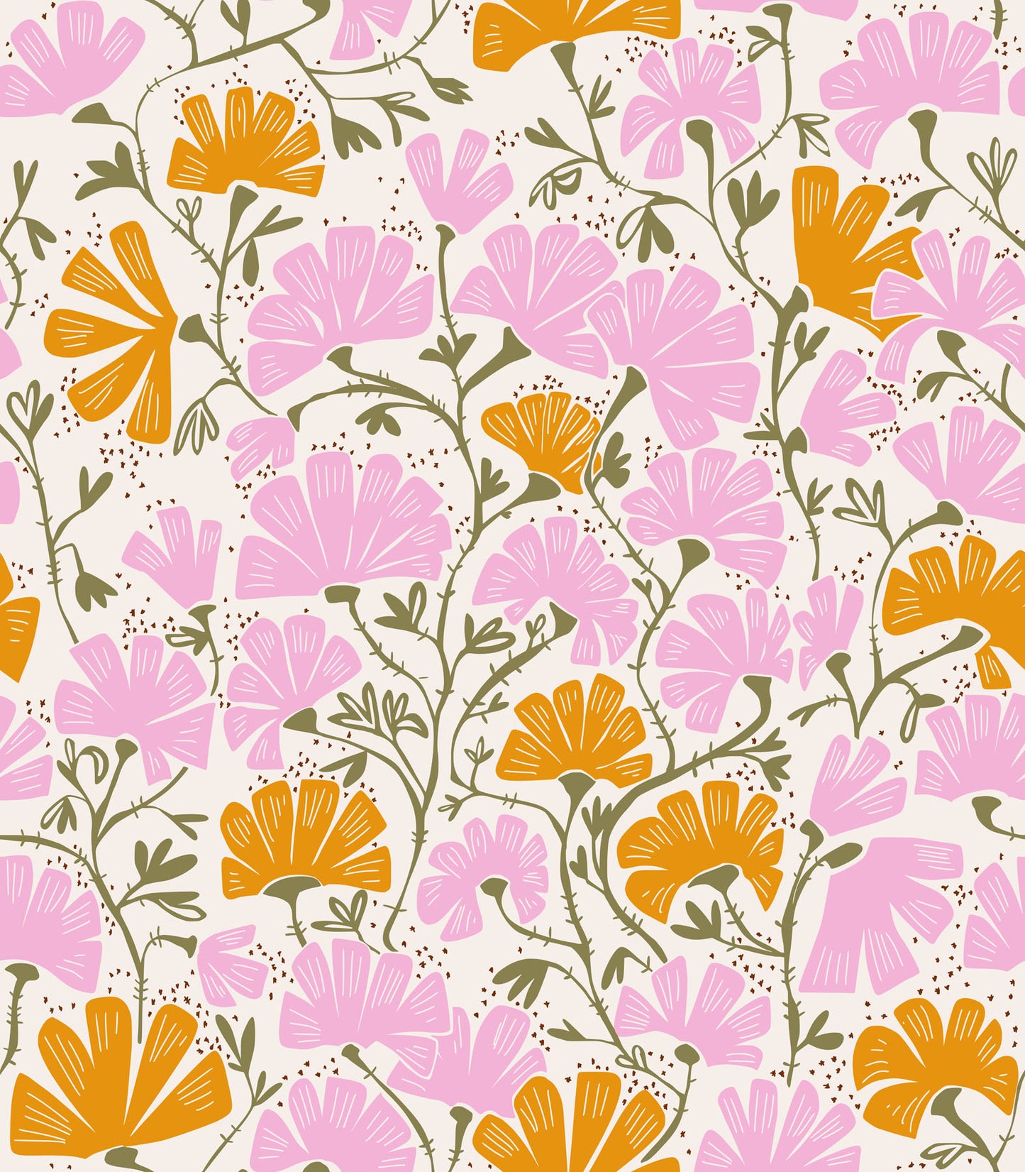 Pattern of pink and orange flowers on a white background.