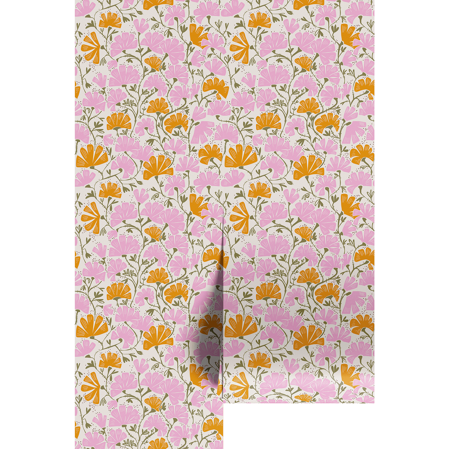 Floral patterned wallpaper with pink and orange flowers on a white background