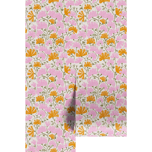 Floral patterned wallpaper with pink and orange flowers on a white background