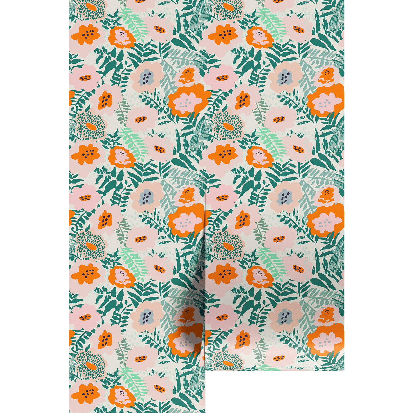 Vibrant orange and pink floral pattern with green leaves on wallpaper panels.