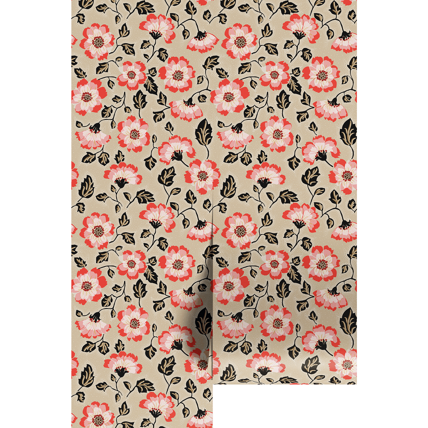 Floral patterned wallpaper with pink flowers on a beige background
