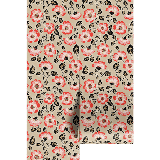 Floral patterned wallpaper with pink flowers on a beige background