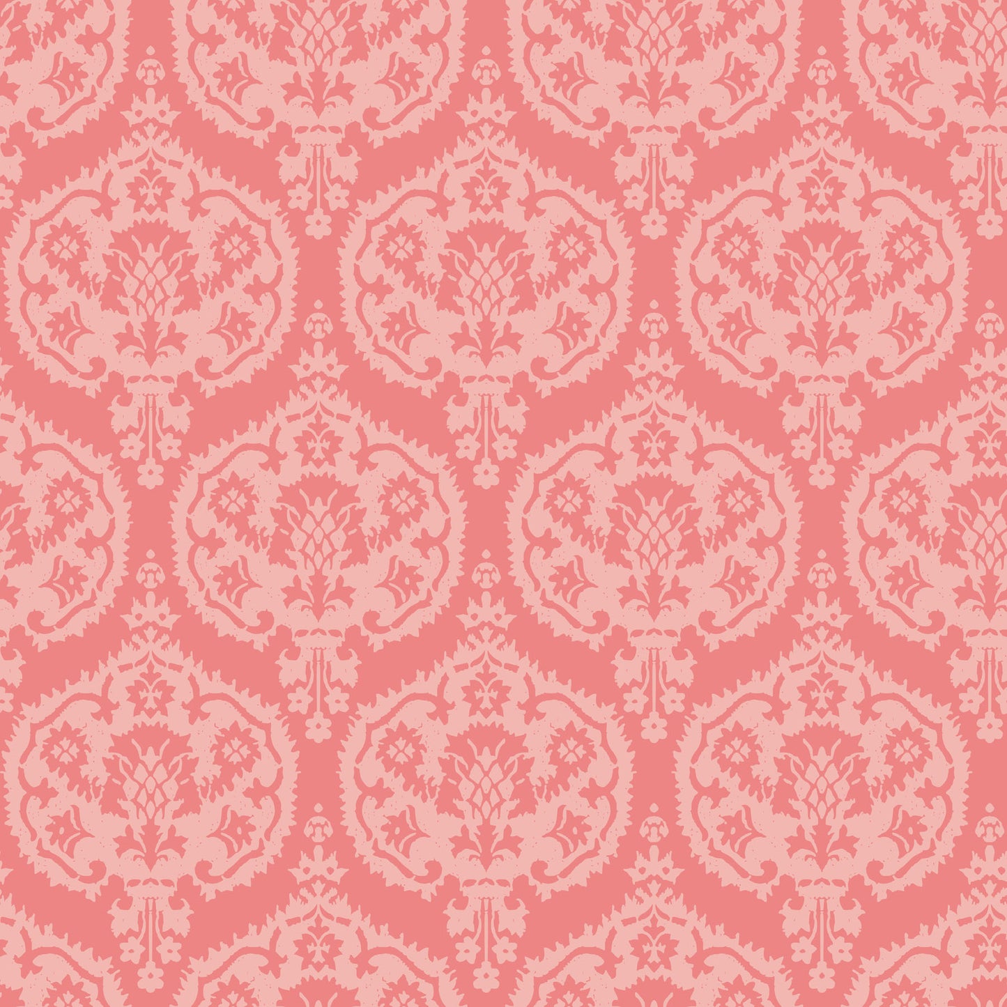 Coral pink with light pink damask wallpaper pattern.