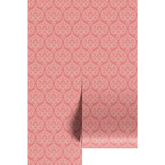 Dark pink with light pink traditional damask pattern on wallpaper panels. 