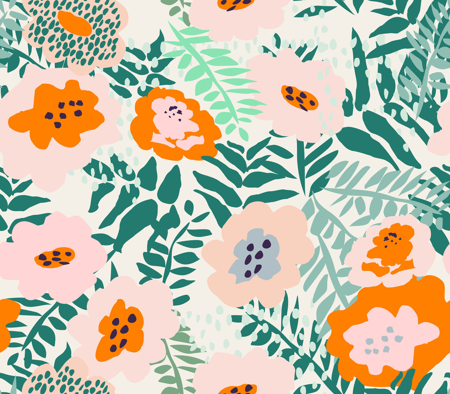 Colorful floral pattern with orange, pink, and green flowers on a light background
