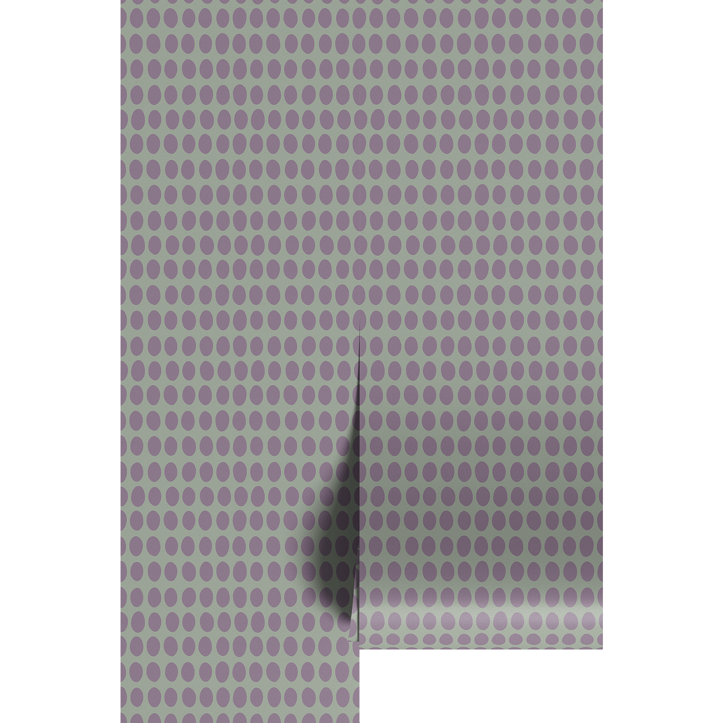 Purple polka dot pattern on a sage green background printed on wallpaper panels.