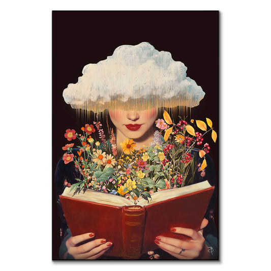 surreal portrait of a person with flowers blooming from an open book, symbolizing knowledge and growth.
